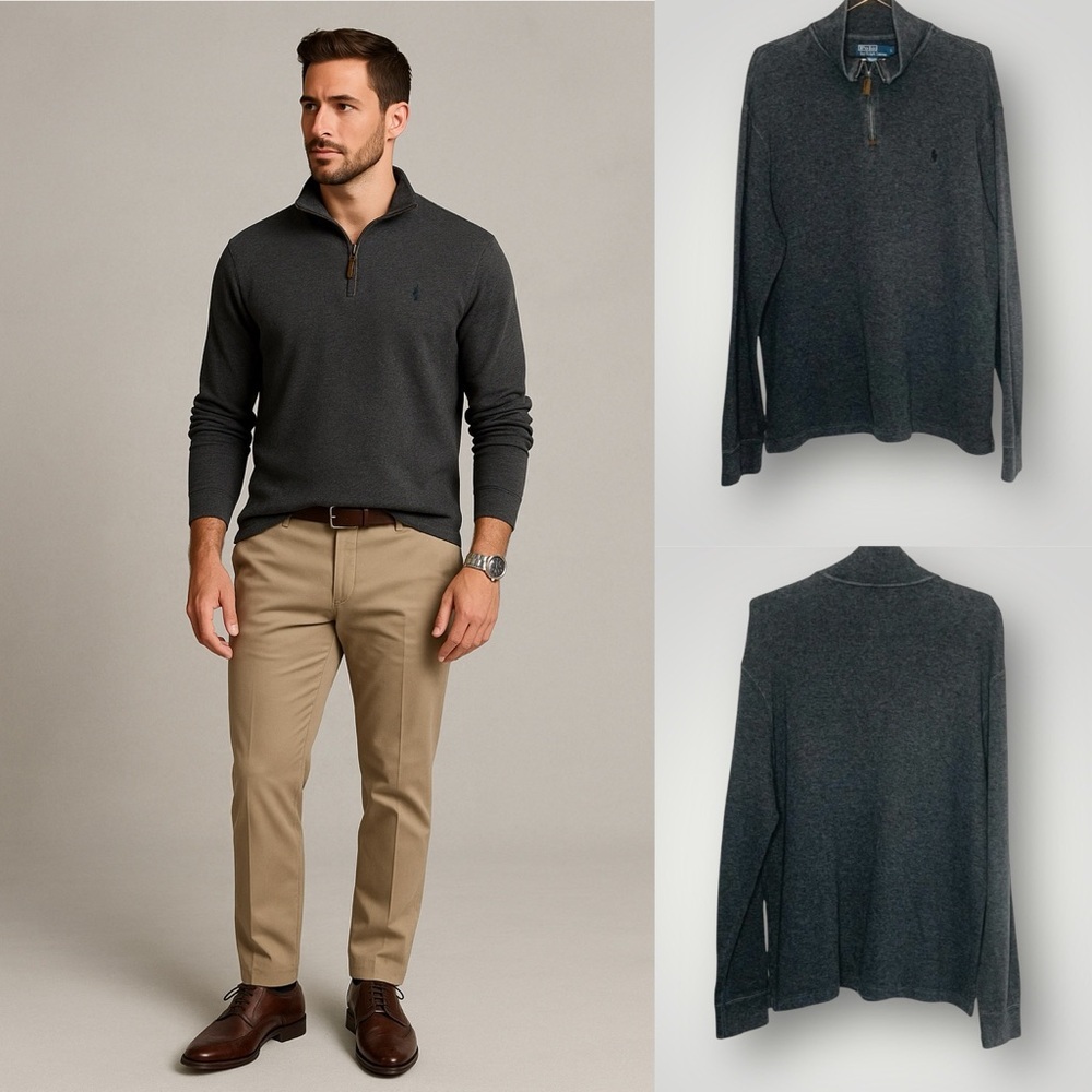 Polo Ralph Lauren | Sweater 1/4 Zip Long Sleeve Y2K Leather Pull VTG